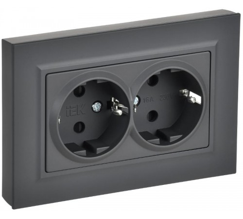 BRITE Розетка 2-местная с заземлением с защитными шторками плоская 16А в сборе РСшПл12-3-БрГ графит   BR-R28-16-K53-F  IEK