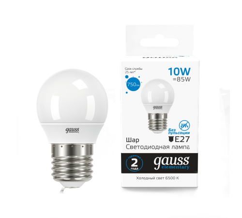 Лампа светодиодная Elementary Шар 10W 750lm 6500K Е27 LED 1/10/100  53230  Gauss