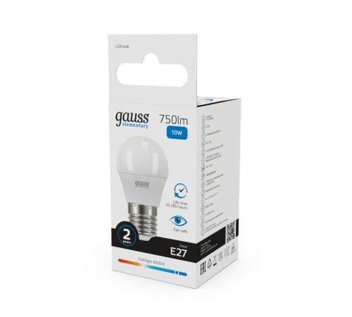 Лампа светодиодная Elementary Шар 10W 750lm 6500K Е27 LED 1/10/100  53230  Gauss