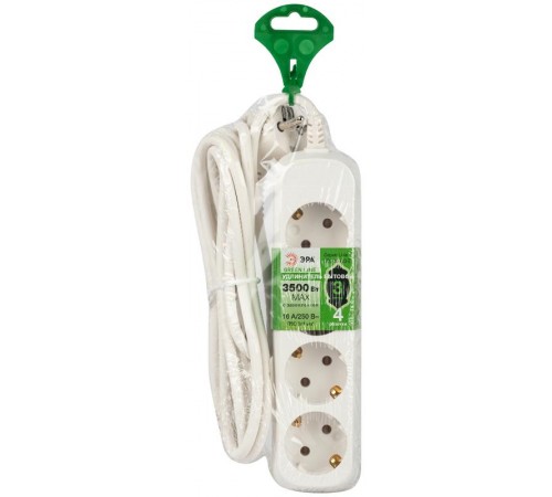 Удлинитель электрический ЭРА UDL-16-430-E Greenline 4 розетки с заземлением 3м ПВС 3x1мм2   Б0065028  ЭРА