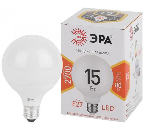 Лампа светодиодная LED G95-15W-2700K-E27 (диод, шар декор, 15Вт, тепл, E27) (20/560)  Б0049077  ЭРА