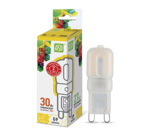 Лампа светодиодная LED-JCD-standard 3Вт 230В G9 3000К 270Лм  4690612003764  ASD