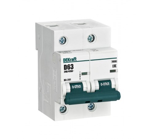 Выключатель автоматический двухполюсный ВА-201 63А D 10кА  13016DEK  DEKraft