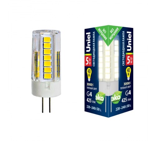Лампа светодиодная LED-JC-220/5W/3000K/G4/CL GLZ09TR LED, прозр 3000К  UL-00006744  Uniel