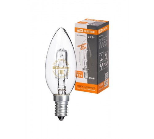 Лампа галогенная "Свеча" прозрачная 28 Вт-230 В-Е14  SQ0341-0094  TDM
