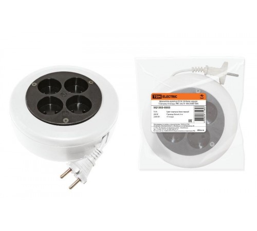 Удлинитель-рулетка УХ10-104 бело-черная 5 метров, 4 гнезда, ПВС 2х0,75 10А/250В  SQ1303-0503  TDM