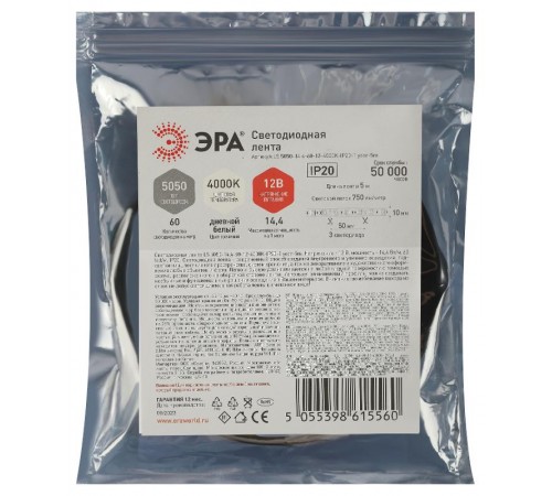 Лента светодиодная LS 5050-14,4-60-12-3500K-IP20-1 year-5m  Б0053973  ЭРА