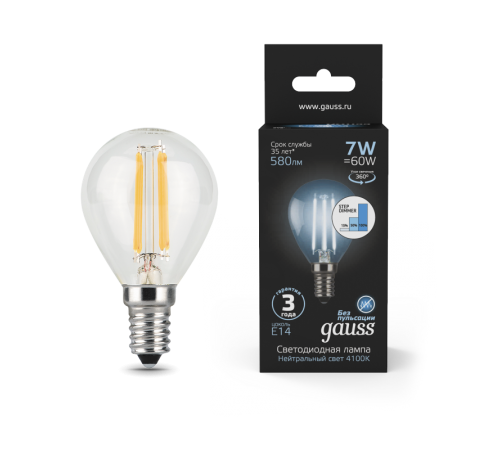 Лампа светодиодная Black LED Filament Шар E14 7W 580lm 4100K step dimmable  105801207-S  Gauss