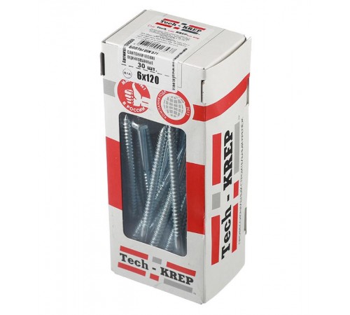 Болт DIN 571 сантехнический оцинк 6х120 (30 шт) - коробка с ок. Tech-Kr ( 0,604 кг)  126553  Tech-KREP