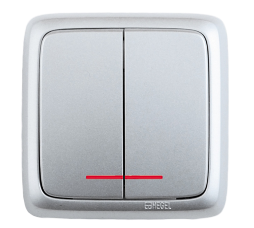 Выключатель открытой установки, двухклавишный, с индикацией, цвет серебро  ВА10-152-06  HEGEL