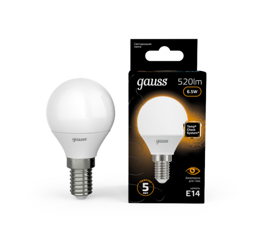 Лампа светодиодная LED 6,5Вт E14 220В 2700К шар  105101107  Gauss