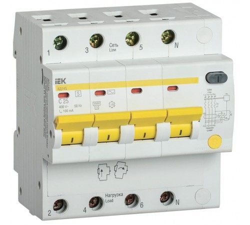 Выключатель автоматический дифференциального тока АД14S 4п 25А C 100мА тип AC (5 мод)  MAD13-4-025-C-100  IEK