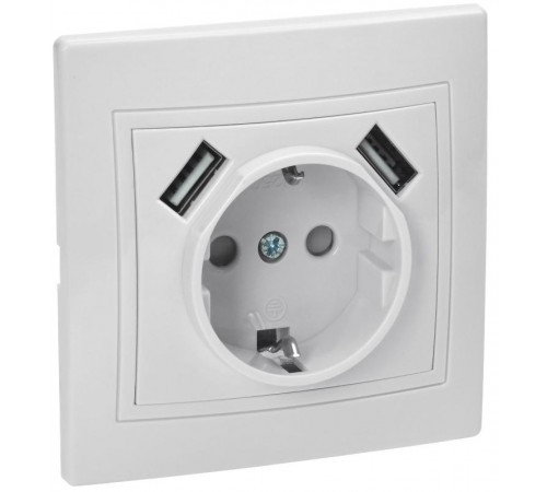 КВАРТА Белый Розетка 1-местная с заземлениемРЮш10-1-КБ 16А USBх2 2,1А  KV-R14-16-U2-K01  GENERICA