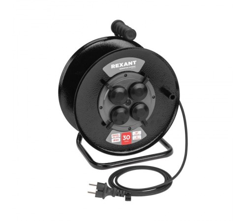 Удлинитель силовой КГ на катушке 4 гнезда, с/з, 30м, 3х1,5мм, IP44 c защитными крышками, металлическая катушка  13-5011  REXANT