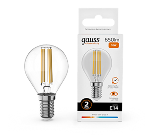 Лампа светодиодная   Filament Elementary Шар 10W 650lm 2700К Е14 LED 1/10/100  52110  Gauss