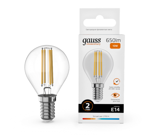 Лампа светодиодная   Filament Elementary Шар 10W 650lm 2700К Е14 LED 1/10/100  52110  Gauss