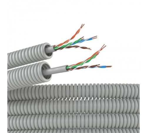 Электротруба ПВХ гибкая гофрированная д. 16 мм, цвет серый, с кабелем витая пара 5EU/UTP нг(А)-HF, 50 м  9EU91650  DKC