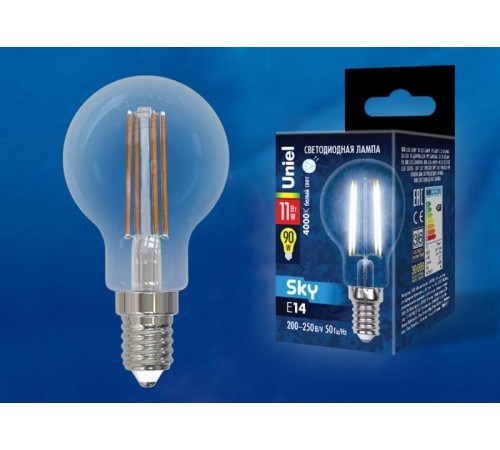 Лампа светодиодная LED-G45-11W/4000K/E14/CL PLS02WH LED. "шар", прозр.4000К Серия Sky  UL-00005177  Uniel