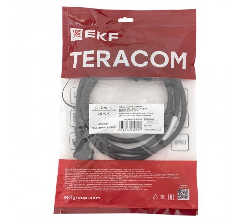 Кабель питания TERACOM для PDU IEC 60320 C13 - IEC 60320 C14 сечение 3x1,5мм2 250В 10A 2 м  TRC-PCA-C13-C14-2M  EKF