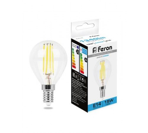 Лампа светодиодная, (15W) 230V E14 6400K прозрачная, LB-515  38251  FERON