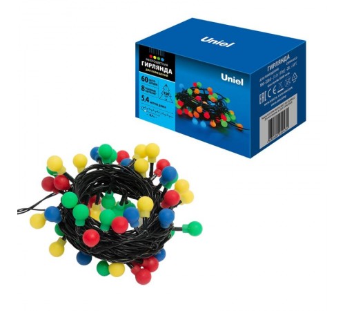 Гирлянда светодиодная с контр. Разноцветные шарики ULD-S0540-060/DGA MULTI IP20 COLORBALLS   60 диодов 5,4 м мульти IP20 шнур зеленый  07928  Uniel