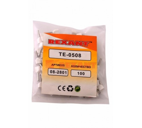 Наконечник штыревой втулочный изолированный F-8 мм 2х0.5 мм (НШВи(2) 0.5-8/Ги2 0,5-8) белый  08-2801  REXANT