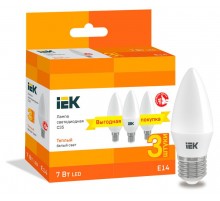 Лампа светодиодная LED C35 свеча 7Вт 230В 3000К E14 (3шт/упак)  LLE-C35-07-230-30-E14-3  IEK