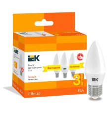 Лампа светодиодная LED C35 свеча 7Вт 230В 3000К E14 (3шт/упак)  LLE-C35-07-230-30-E14-3  IEK