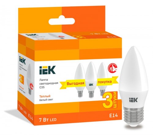 Лампа светодиодная LED C35 свеча 7Вт 230В 3000К E14 (3шт/упак)  LLE-C35-07-230-30-E14-3  IEK