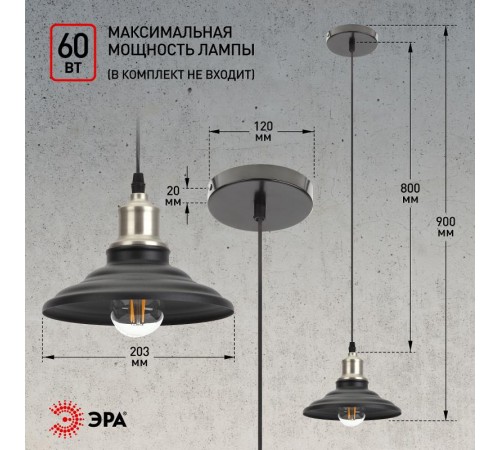 Светильник подвесной PL4 BK/BN металл, E27, max 60W, d203 мм, шагрень черный/темный никель  Б0037439  ЭРА