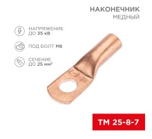 Наконечник медный ТМ 25-8-7 (25кв.мм - D8мм) (в упак. 100 шт.)  07-5313-2  REXANT
