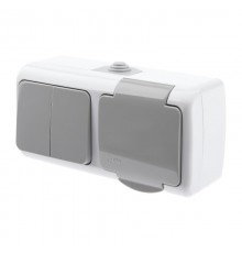 5-702-03 Блок розетка 2P+E + выключатель двойн., 10(16)А-250В, ОУ, Atlantic, IP54, серый  Б0050948  Intro