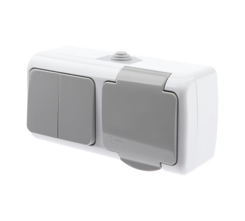 5-702-03 Блок розетка 2P+E + выключатель двойн., 10(16)А-250В, ОУ, Atlantic, IP54, серый  Б0050948  Intro