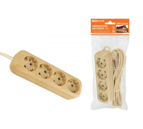 Удлинитель бытовой У04 4 гнезда, 5метров,2П+3, ПВС 3х1мм2 "Эко" (сосна) 16А/250В  SQ1303-2012  TDM