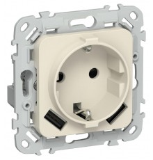 FLITE Розетка с заземлением со шторками 16А с USB A+A 3,1А быстрозажимные клеммы РСЮша11-1-ФлСл сливочный  FI-R14-16-1-U21-D31-K86  IEK