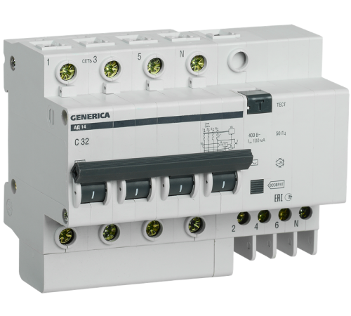 Выключатель автоматический дифференциального тока АД14 4п 32А C 100мА тип AC (7 мод)  MAD15-4-032-C-100  GENERICA