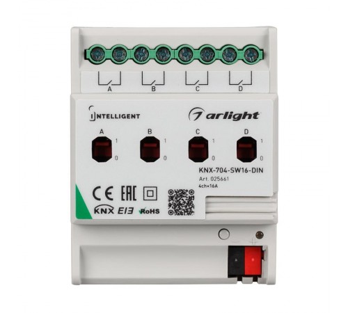 INTELLIGENT ARLIGHT Релейный модуль KNX-704-SW16-DIN (BUS, 4x16A)  025661  Arlight