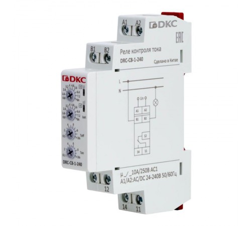 Реле контроля тока, тип DRC, 0.8-8А, конфигурация контакта 1CO, 24-240 AC/DC  DRC-C8-1-240  DKC