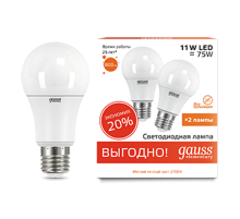 Лампа светодиодная LED 11Вт E27 220В 2700К А60 Elementary (2 лампы в упаковке)  23211P  Gauss