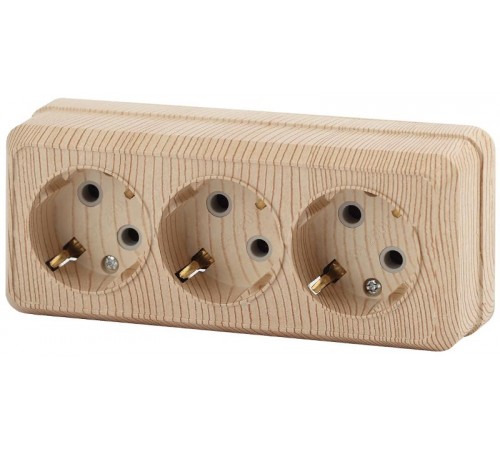 Розетка Intro Quadro 2-206-11 с заземлением трехместная 3х2P+E, 16А-250В, IP20, ОУ, сосна  Б0053826  Intro