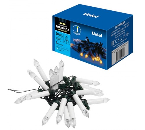 Гирлянда светодиодная  "Свечки"  ULD-S0400-020/SGA WARM WHITE IP20 CANDLES   4м. 20 светодиодная . 3000К шнур зел.  UL-00005468  Uniel