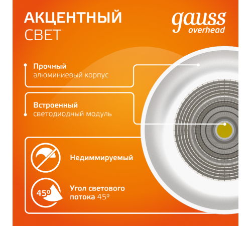 Светильник светодиодный  накладной HD031 12W (белый/белый) 3000K 79x200мм, 1/10  HD031  Gauss