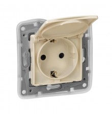 Etika Слоновая кость Розетка с заземлением IP 44 с крышкой и шторками, автозажимные клеммы,16А  672332  Legrand