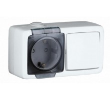 БА16-221 Блок открытой установки, брызгозащищенный , розетка с заземляющим контактом и шторками+одноклавишный выключатель, цвет белый  БА16-221  HEG