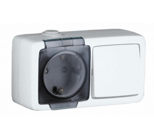 БА16-221 Блок открытой установки, брызгозащищенный , розетка с заземляющим контактом и шторками+одноклавишный выключатель, цвет белый  БА16-221  HEG