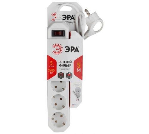 Сетевой фильтр USF-5es-5m-W   (белый) с заземл, 3x0,75мм2, с выкл, 5гн, 5м (20/500) Б0019738  ЭРА