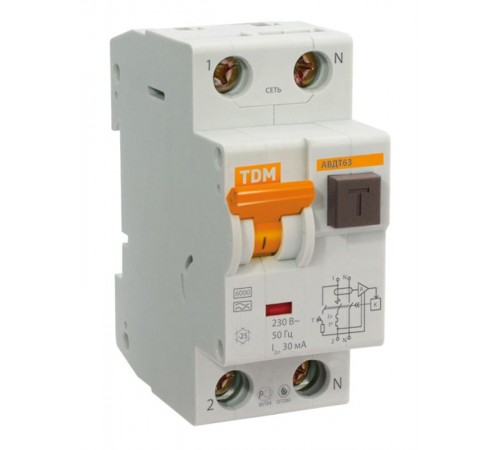 Выключатель автоматический дифференциального тока АВДТ 63 1п+N 25А B 10мА тип A  SQ0202-0010  TDM