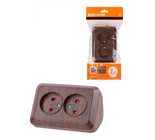 Розетка угловая двойная 2П открытой установки с з/ш IP20 250В 10А бук "Ладога"  SQ1801-0342  TDM