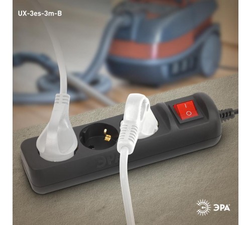 Удлинитель электрический UX-3es-3m-B с заземлением с выключателем 3 розетки 3 м ПВС 3x0,75мм2 10А черный  Б0057728  ЭРА