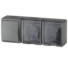 Блок две розетки+выключатель 11-7403-03 IP54, 16АХ(10AX)-250В, ОУ, Эксперт, Серый (5) Б0027674  ЭРА